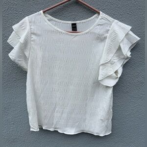 White Textured Ruffle Blouse, Size Large